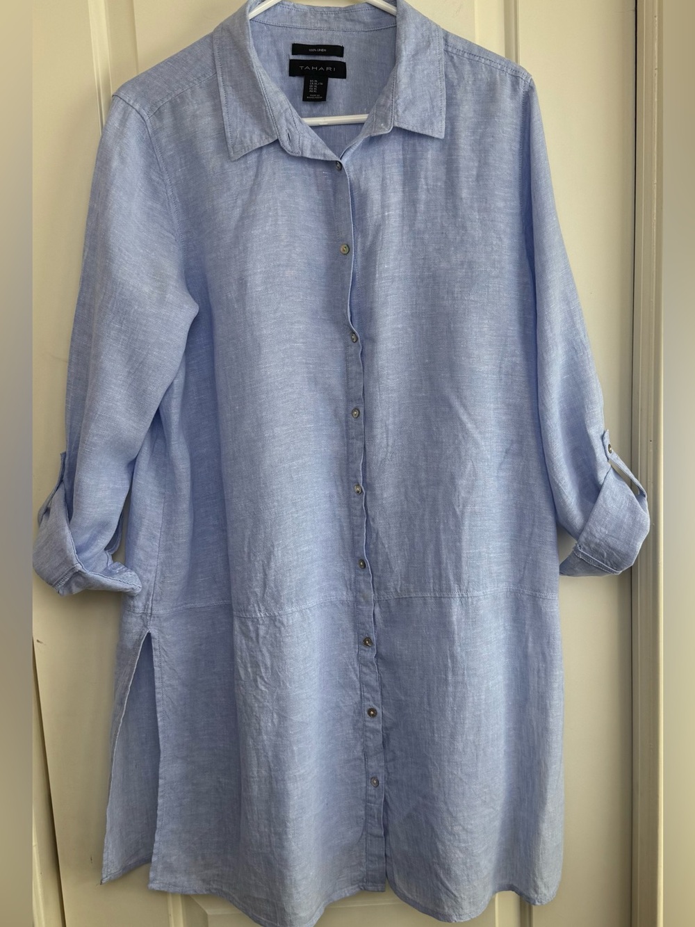 Tahari 100% Linen Blue Button Front Longline Tunic Shirt XL Roll Tab